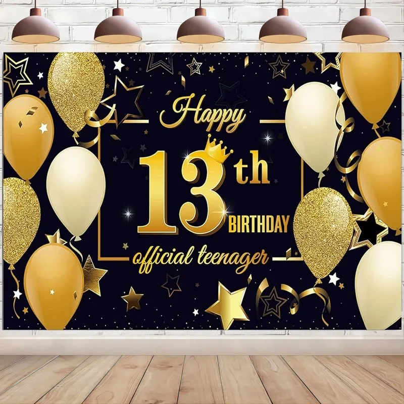 

Happy 13th Birthday Backdrop Banner 13 Years Old Black and Gold Official Teenager Background Photo Booth Banner Party Decoration