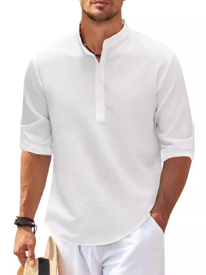

Чистый цвет воротник-стойка Pine Che Long Sve irt Casual Sle Five-Quarter Sve Regular Length Overhead Youth Summer