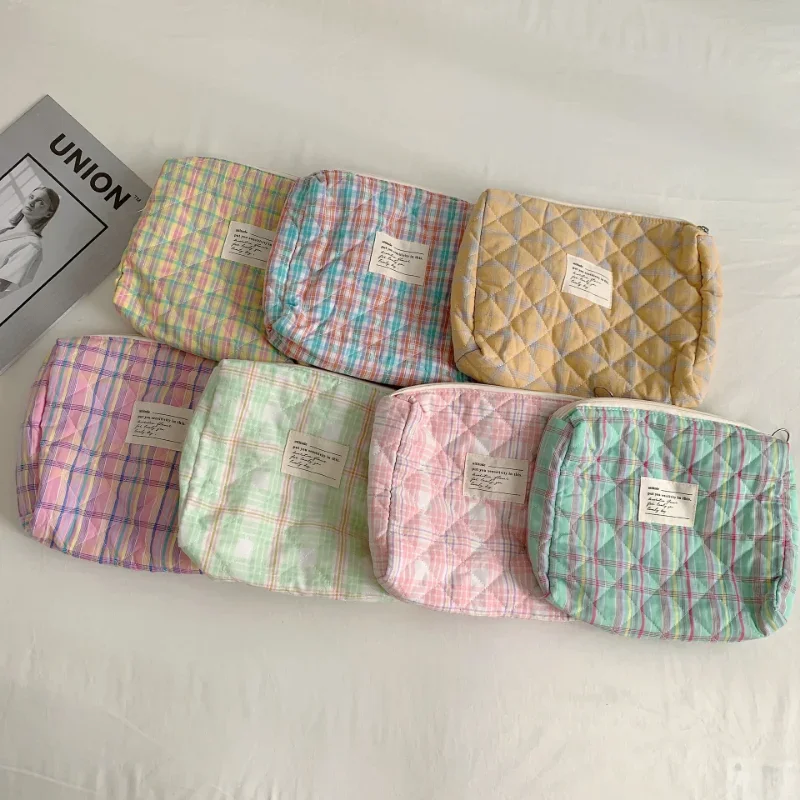 Japanese Soft Cotton Plaid Cosmetic Bags Lipstick Air Cushion Skin Care Products Makeup Organizer Money Mobile Phone Storage Bag