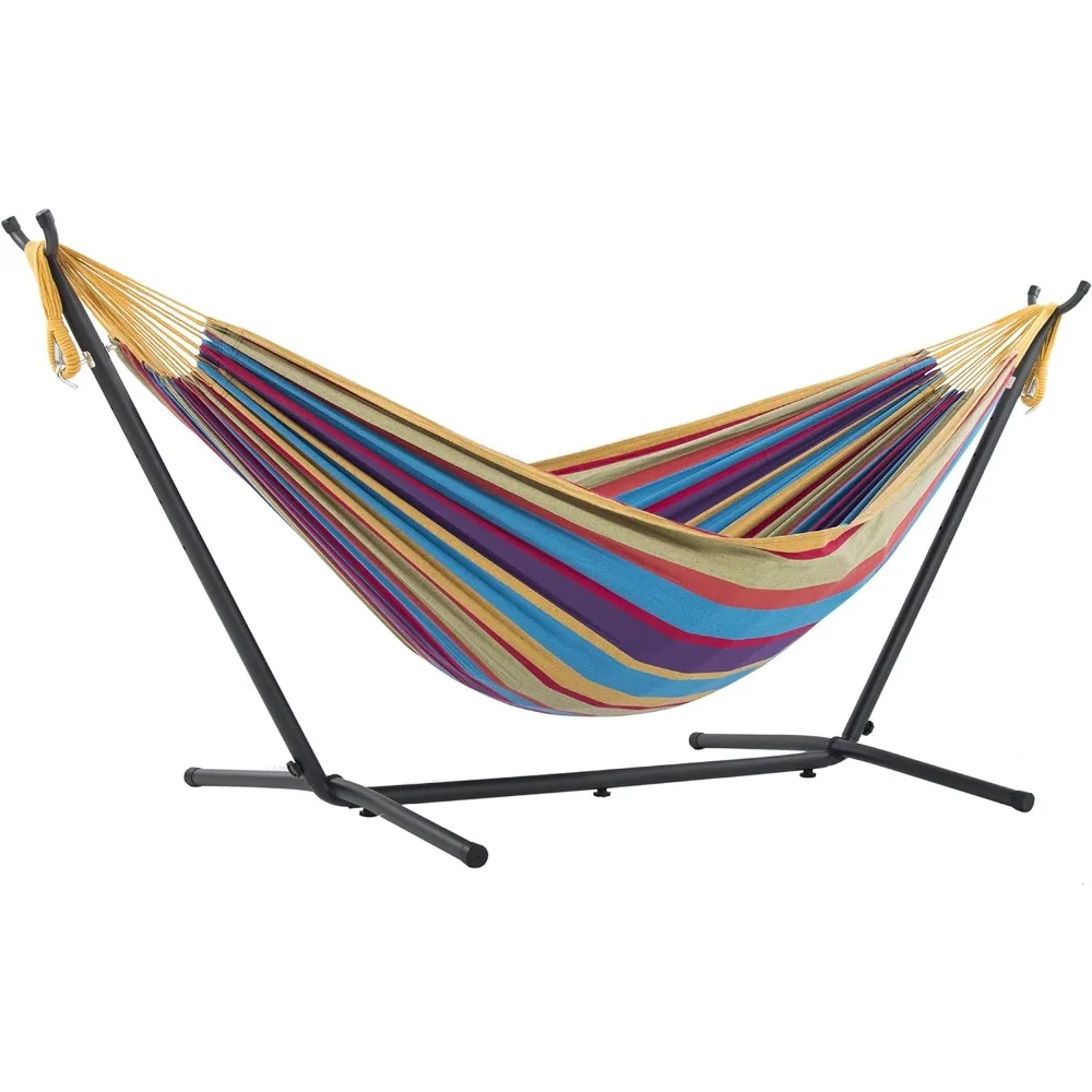 

Double Cotton Hammock with Space Saving Steel Stand, Tropical (450 lb Capacity - Premium Carry Bag Included)