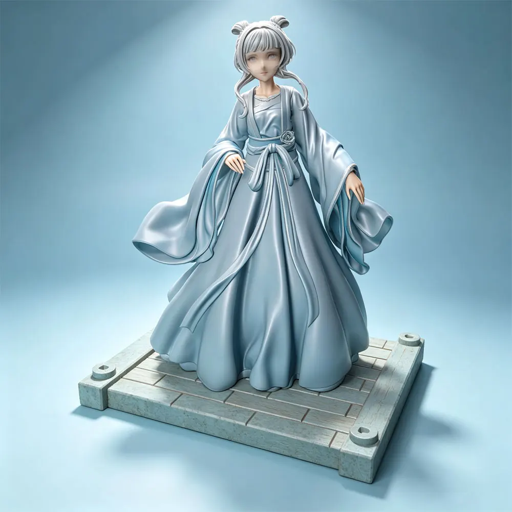 1/24 Desk ornament,Ancient style girl with double buns, wide sleeves and long skirt, 3D printed gray model statue, not colored