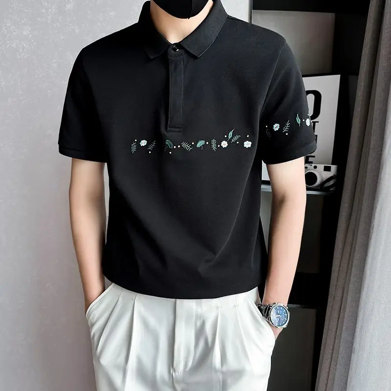 Summer Embroidery Men Commerce Fresh Short Sleeved Lapel Collar T-shirt 2024 New Fashion Thin Style Printing Multicolor Tops