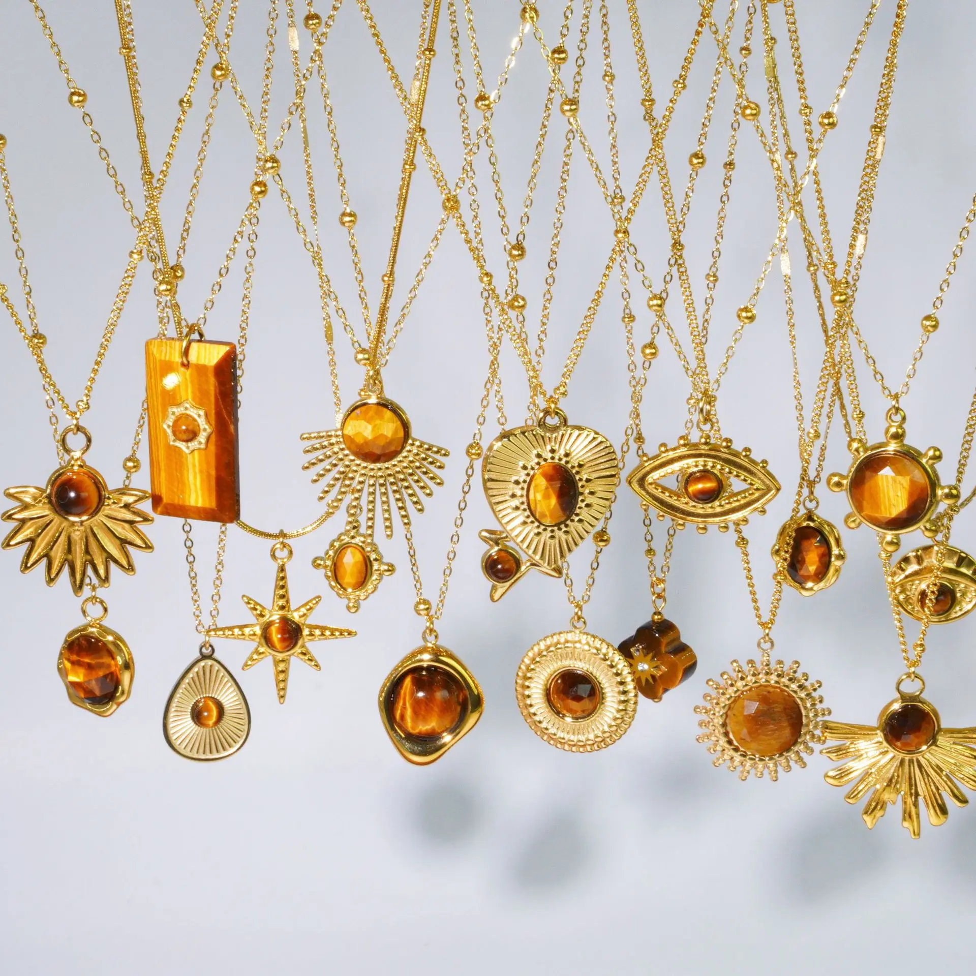 V. Stainless Steel  36 Style Yellow Tiger Stone Retro Tiger Eye Stone Natural Stone Pendant Necklace Jewelry Making Wholesale