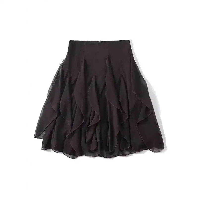 Maxdutti Southern French Elegant Coffee Mini Skirt Minimalist Women's Skirt Retro Stacked Ruffle Chiffon Skirt Woman Clothes