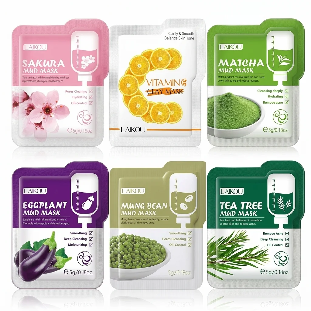 1/3/5Pcs Mud Mask Sakura / Vitamin C / Matcha / Eggplant Deep Pore Cleaning Oil Control Mask Skin Care Facial Clay Mask