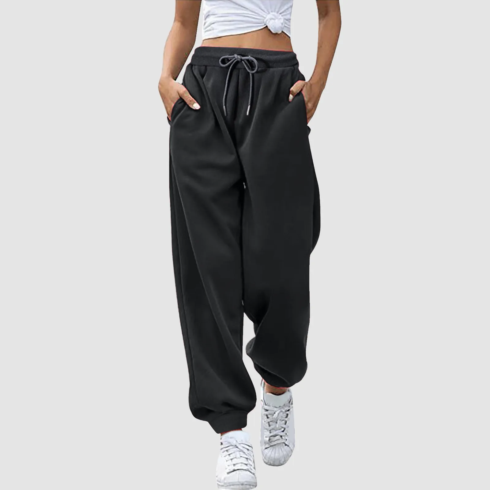 

Women's Sport Pantalones De Mujer Solid Color Casual Bottom Pants With Pockets Plus Size Baggy Trousers Ankle Tied Sweatpants