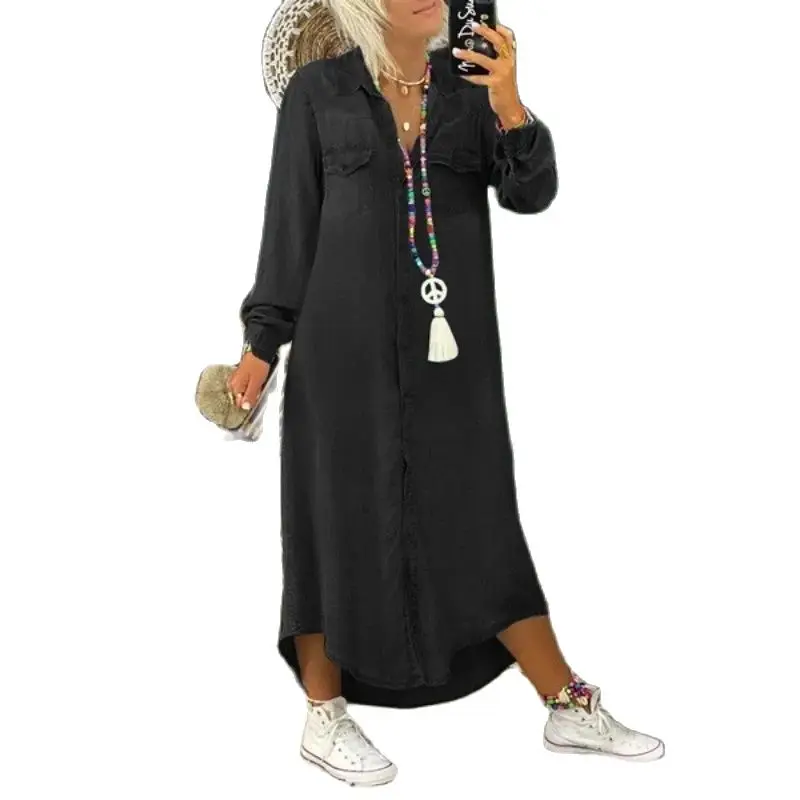 Vestido Material Denim feminino, gola de camisa, moda casual, S-5XL Size