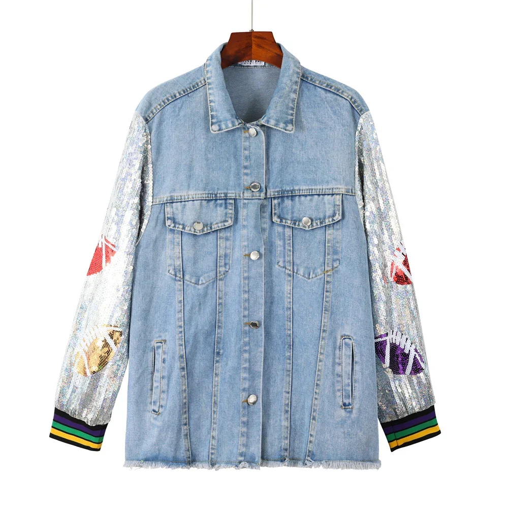 

Autumn Winter New Turn-Down Collar Women's Long Sleeve Streetwear Jackets Patchwork Color Sequins Hip Hop Female Denim Coats
