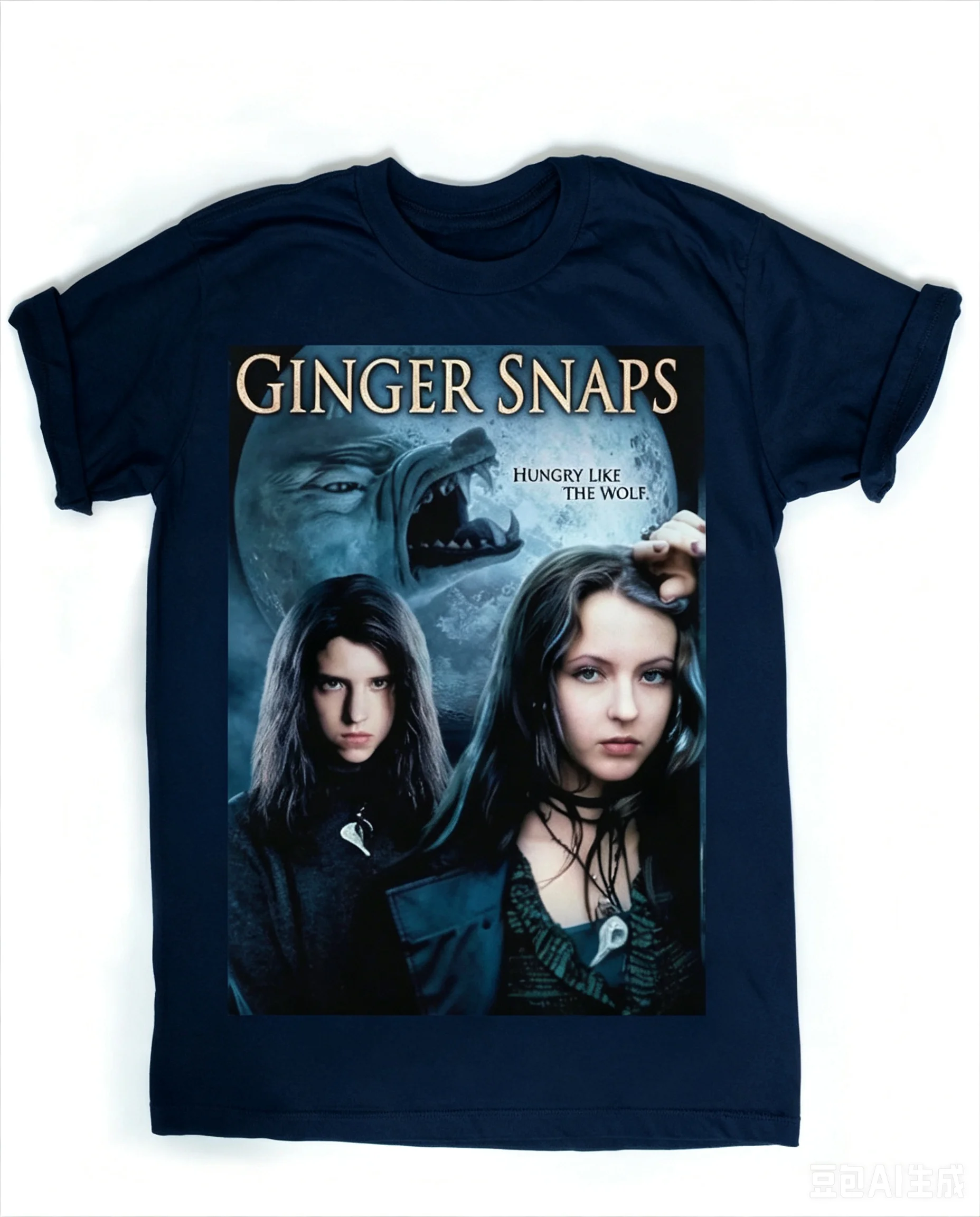 Black Cool Tone Twin Female Portrait Graphic Tee Top Vintage Movie Header Middle Wolf Slogan Chest Oversized Tops