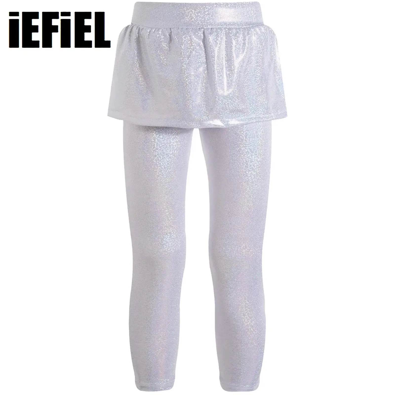 

Kids Girls Metallic Shiny Skirted Leggings Pantskirt Cheerleading Dance Stage Performance Costume