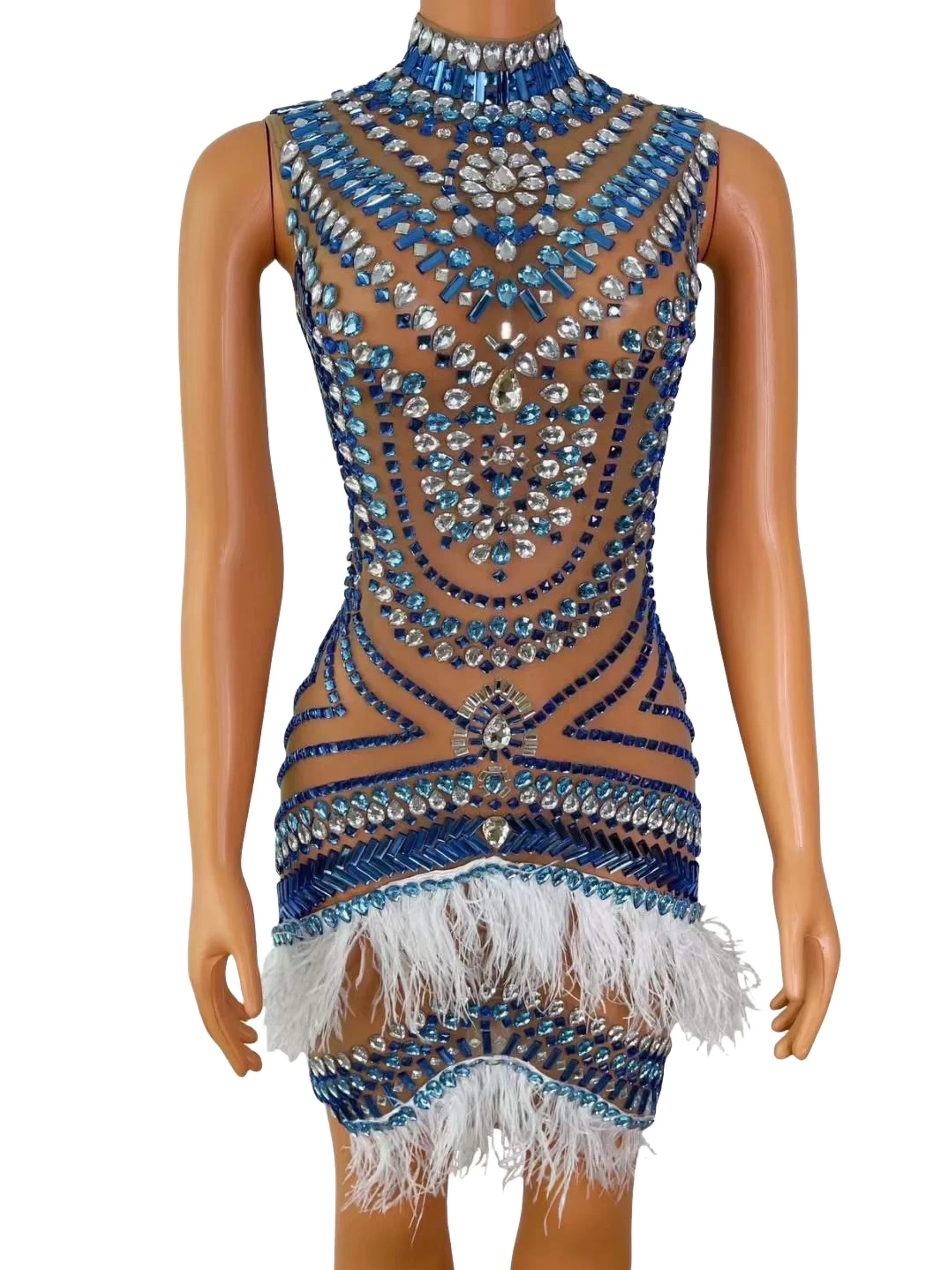 Sheer Sleeveless Rhinestone Short Dress Women Blue Mesh Crystals Feather Stretch Birthday Queen Dresses Drag Queen DJ DS Outfit