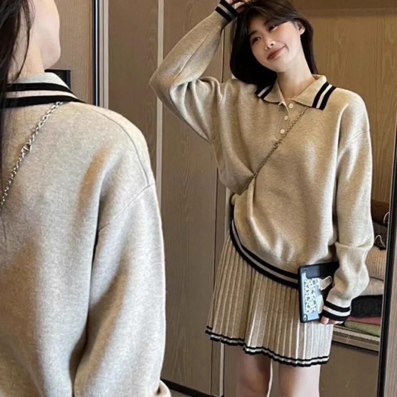 Spring Autumn Sets for Women Turn-down Collar Tops Fashion Korean New Mini Skirts Preppy Style All-match Simple Striped Chic