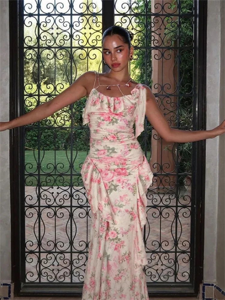 فستان Nibber مطبوع عليه زهور للنساء مزين بكشكشة بدون أكمام وكشكشة مكشوفة الظهر مرقع فتاة حلوة أنيقة طويلة ضيقة