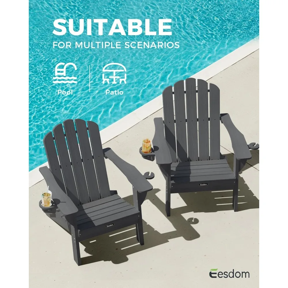 Cadeira dobrável Adirondack, cadeira Adirondack HDPE com 2 porta-copos, cadeiras para fogueira ao ar livre, jardim, pátio, cinza