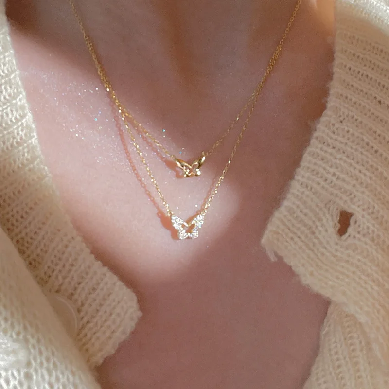 Shiny Zircon Cut-out Butterfly Pendant Double-layer Necklace Rhinestone Clavicle Chain Woman Delicate Accessory Jewelry Gift