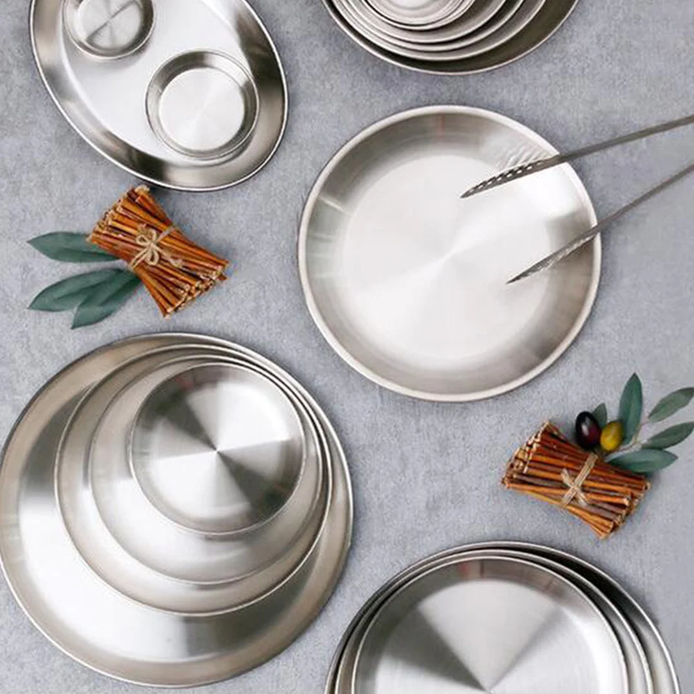 

1pc Stainless Steel Dinner Plate Round Rustproof Food Plate Heat Insulation Fruit Storage Candy Case For Snacks