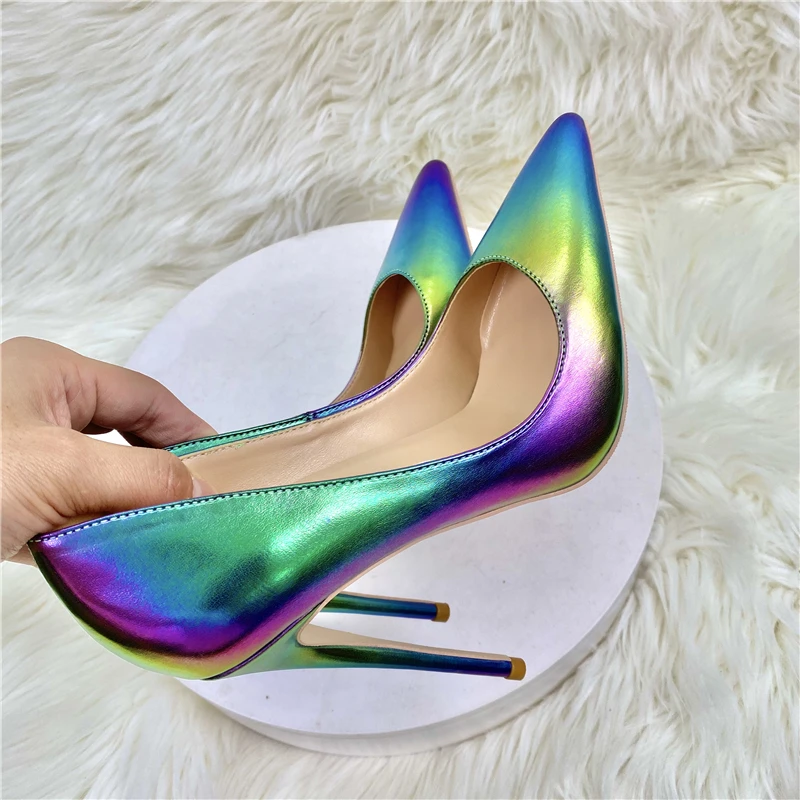 Glossy colorful mixed colors 12cm high thin heels rainbow pointed toe night club dating sexy women pumps QP182 ROVICIYA