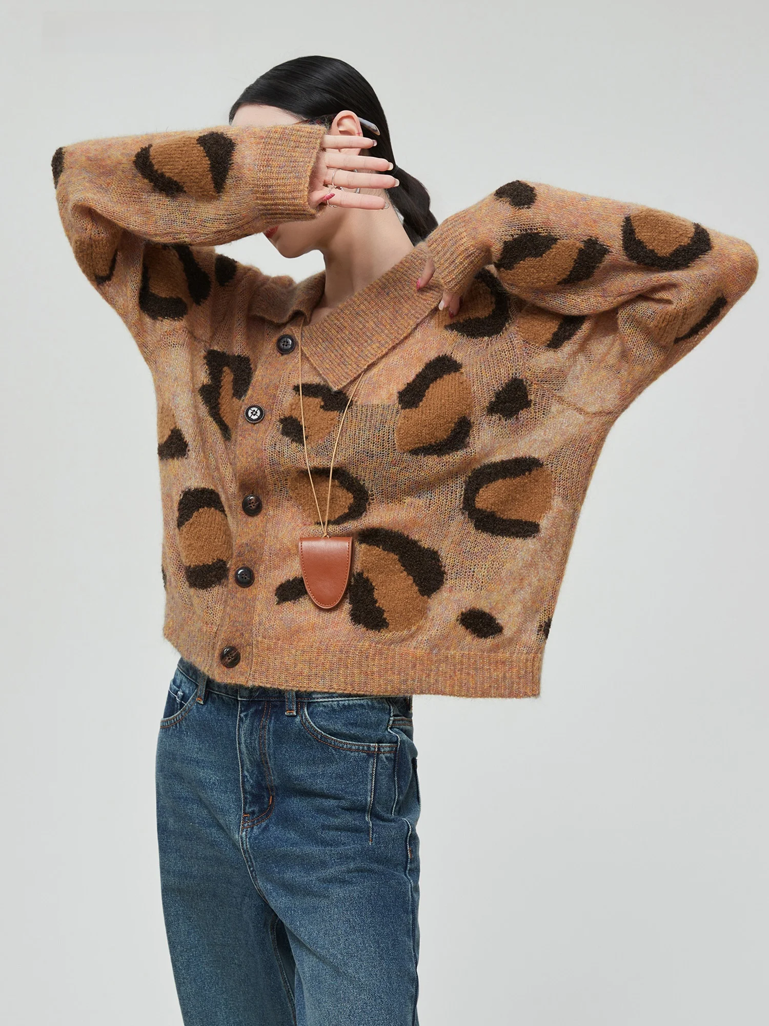 

Brown Leopard Print Knitted Open Cardigan Women's Faion Design ort Sve Long Dring Sle Commute Warm Polyester Fiber
