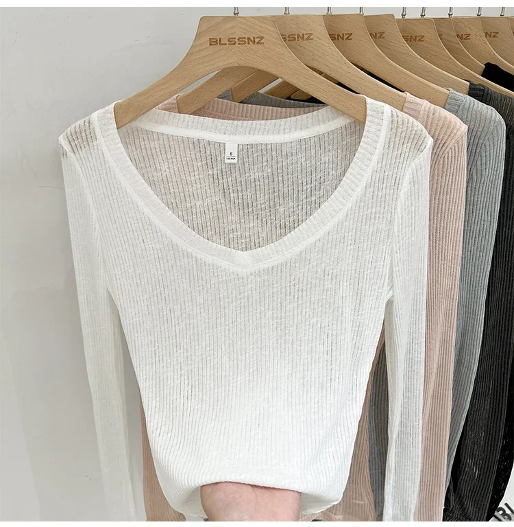 2026 Sommer Neuer Lässiger Stil Transparentes Dünnes Durchsichtiges Überzug-Top Damen T-Shirt V-Ausschnitt Sonnenschutz Langarm T-Shirt – Detail 5