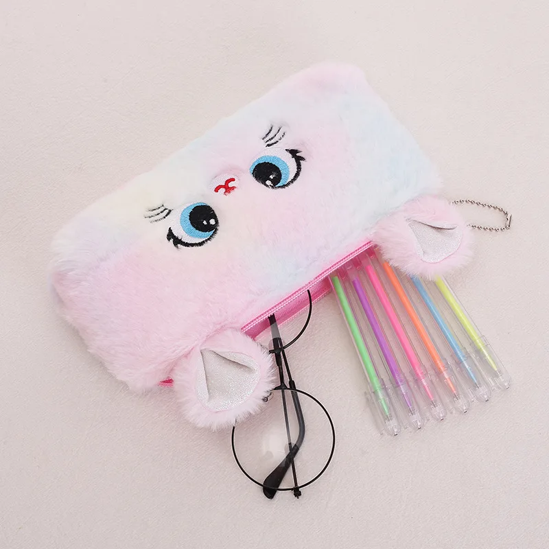 Kawaii Cartoon Cute Cat Plush Pouch Pencil Case Zipper Fluffy Large Capacity Pen Bag School Stationery Cosmetics Storage Bag