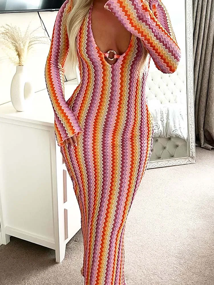 Nuevo vestido estampado de rayas dulces de otoño elegante vestido envolvente de cintura alta a la cadera vestido informal de corte bajo con cuello en V vestido de punto de manga larga