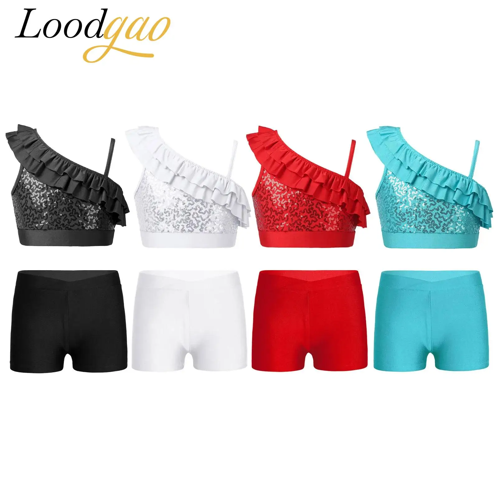 Kids Girls Jazz Dance Two Pieces Sequins Costumes Street Clothes Crop Top + Shorts Dancewear Sets Children's Ballet Outfits