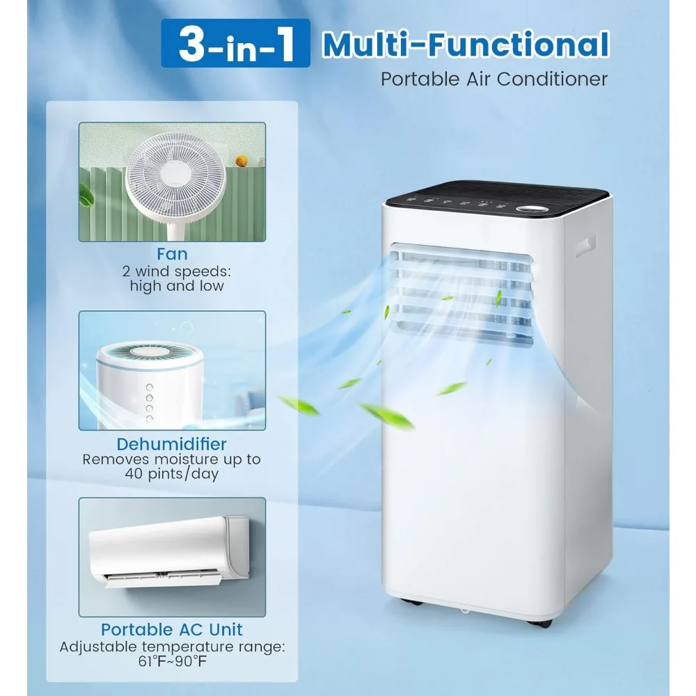 مكيف هواء محمول 8000 وحدة حرارية بريطانية، وحدة تبريد تيار متردد متعددة الوظائف 3 في 1 مع جهاز تحكم عن بعد، مزيل رطوبة، مجموعة نافذة متضمنة