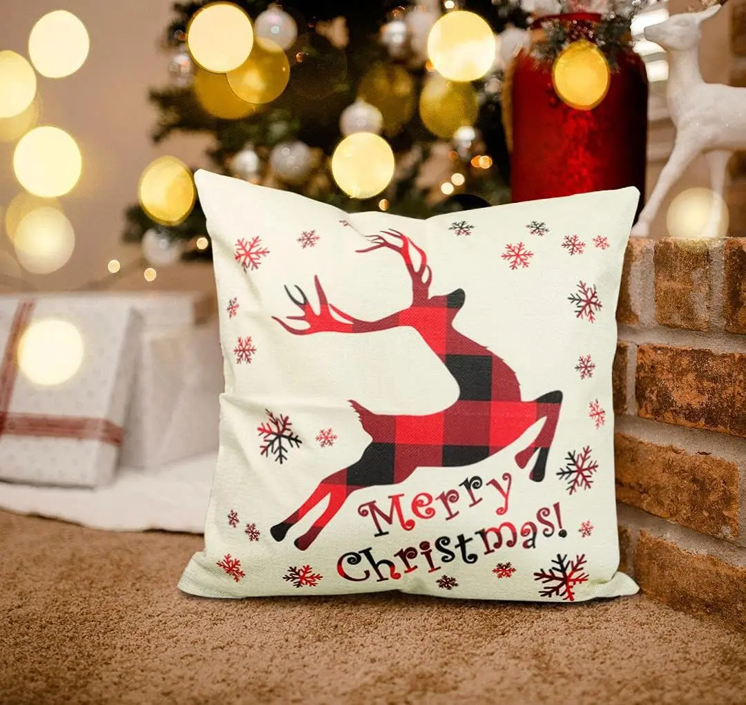 Fundas de cojín navideñas de 18x18 pulgadas, Juego de 4 fundas de almohada navideñas de lino, decoración de cuadros de búfalo
