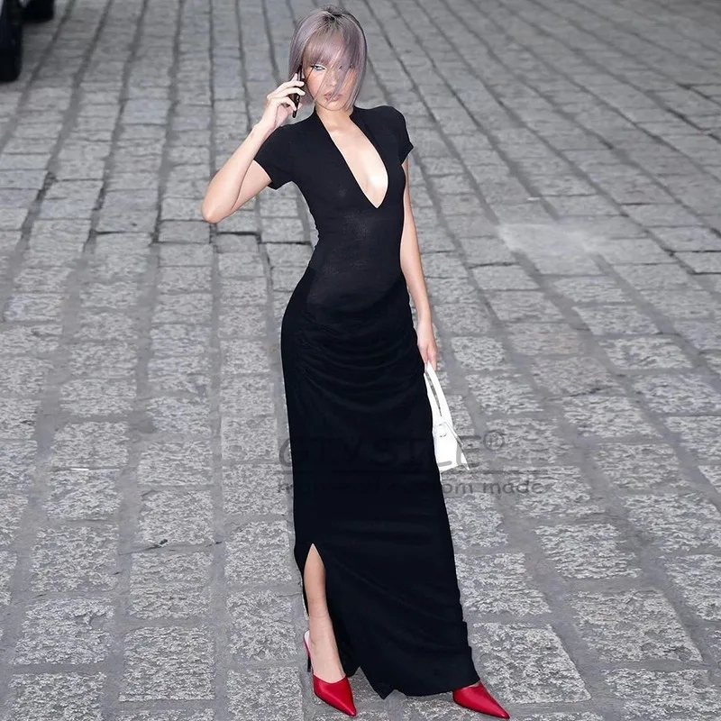 

GIYSILE Fashion Sexy Women's Sexy Deep V Short Sleeve Solid Color Hot Girl Wind Fold Long Dress 2025 Summer New Evening Dresses