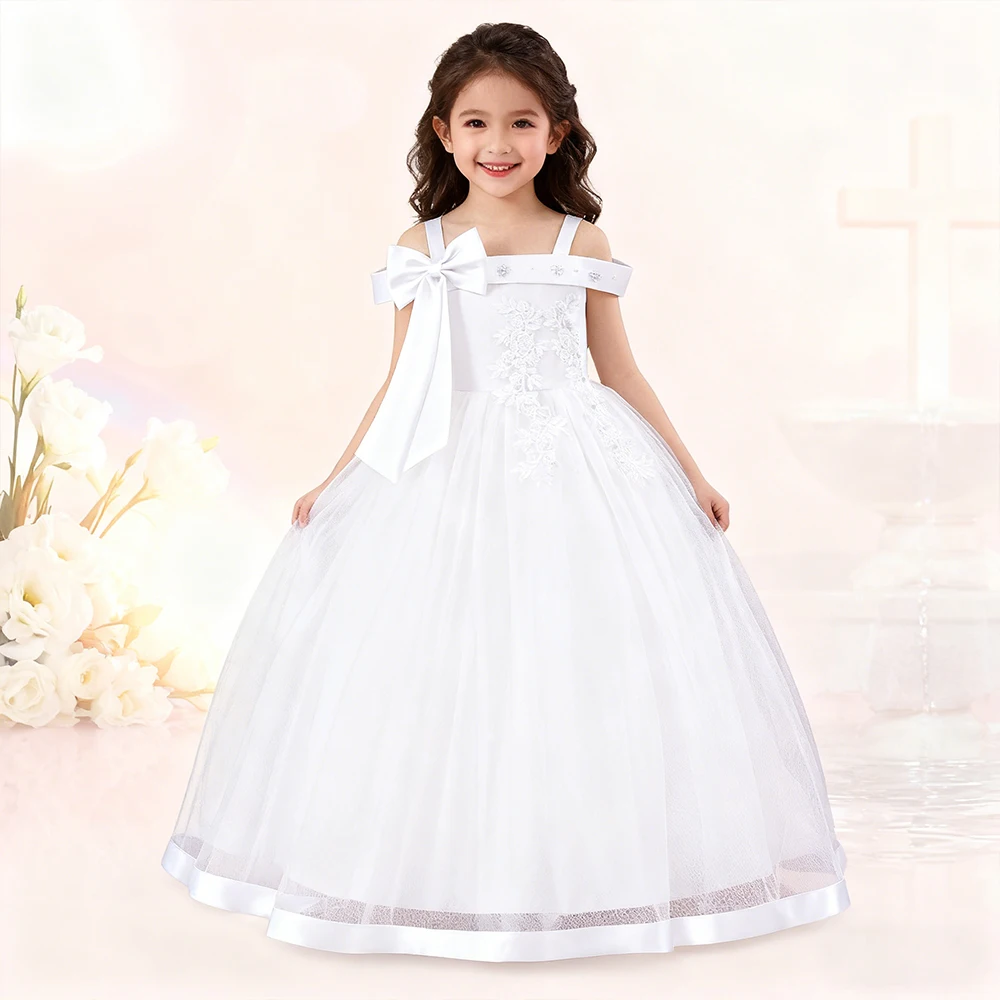

Baptismal Costume White Dress For Girls First Communion Formal Gown Flower GIrl Wedding Dress Children's Elegant Princess Dress