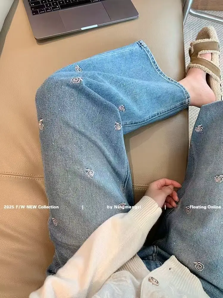 Jeans da donna Pantaloni a gamba larga Jean a vita alta Denim lavato Tasche vintage Pantaloni alla caviglia Cerniera con mosca Diamanti ricamati