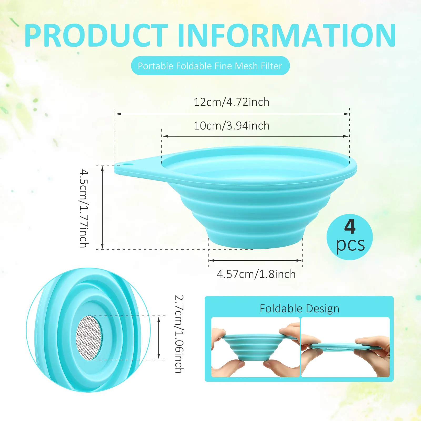 2/4Pcs Fine Mesh Strainer Collapsible Small 4 Inch Silicone Funnel with Stainless Steel Sieve Tea Strainer for Loose Leaf Tea