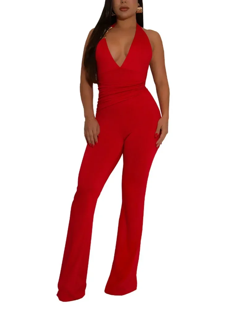 

Сексуальный комбинезон-ромпер однотонного цвета с глубоким V-образным вырезом, без рукавов, с открытой спиной, на шнуровке, с расклешенными штанинами