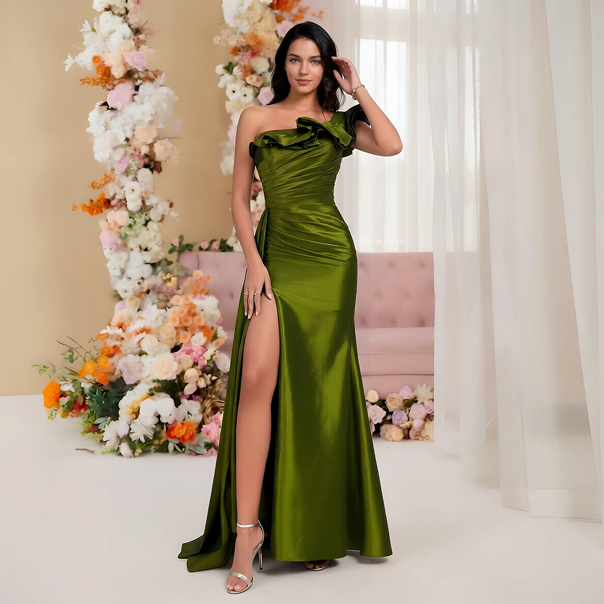 

VIPGIRL Olive Green One Shoulder Prom Dress Ruffle Satin High Slit Lace Up Mermaid Evening Gown
