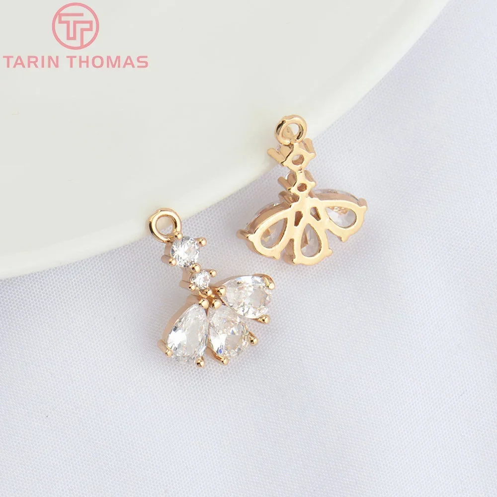 (4864) 10PCS 13.5x14MM 24K Champagne Gold Color Brass with Zircon Charms Pendants High Quality Jewelry Making Findings Wholesale