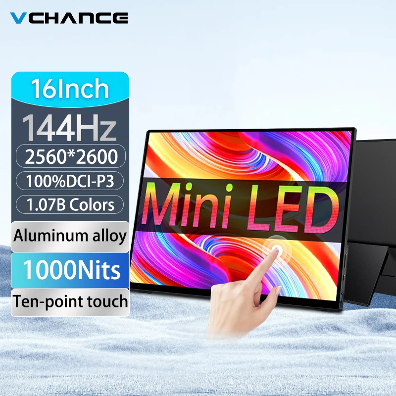 VCHANCE 16 Inch 1000nit Portable Monitor Mini Led Touchscreen 2.5K 144hz 16:10 100%sRGB Gaming Display for PC Switch PS4/5 Xbox