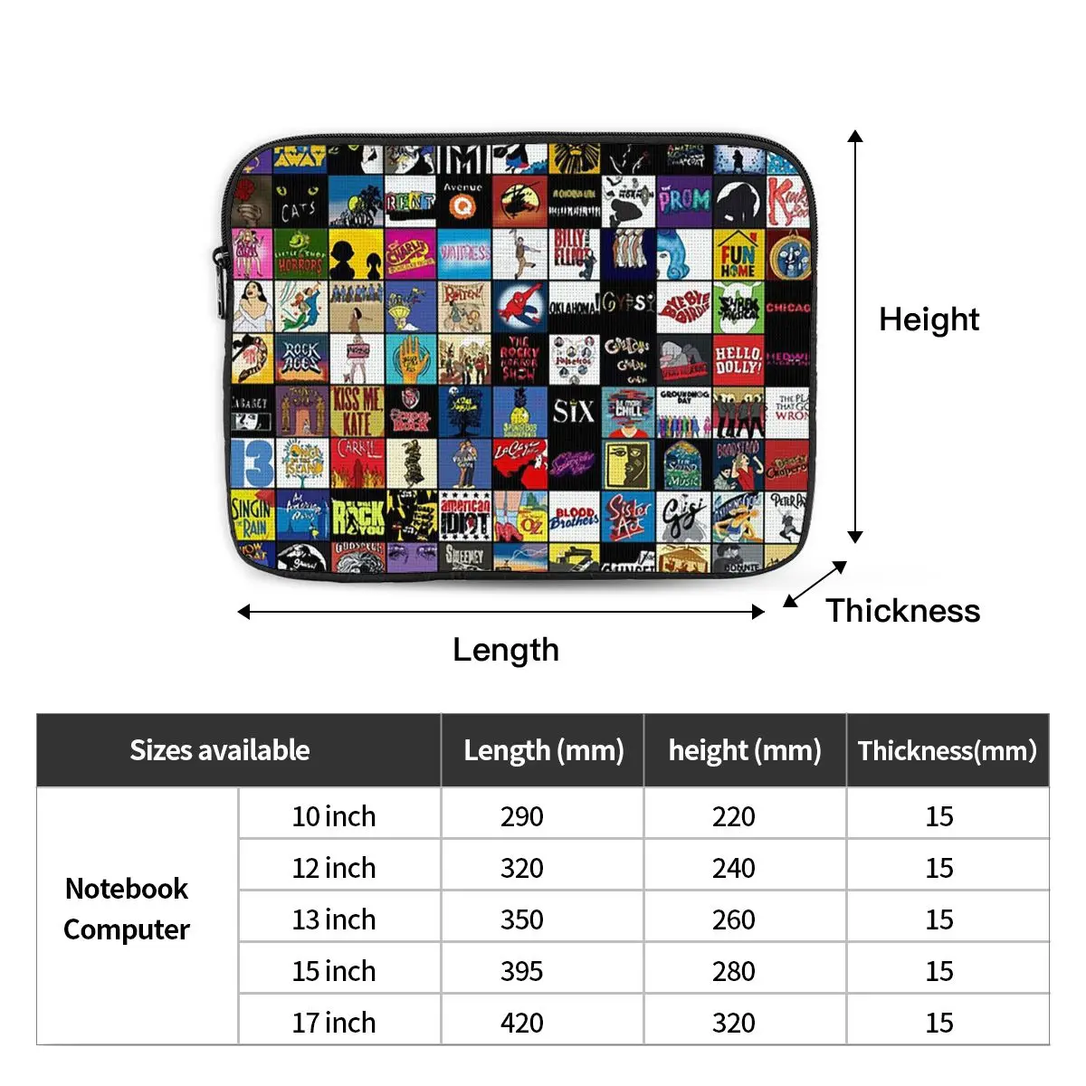 Broadway Musical Theatre Logos - Hand Drawn Notebook Laptop Bag  10 12 13 15 17 Inch NotebookTablet Shockproof Case Bag