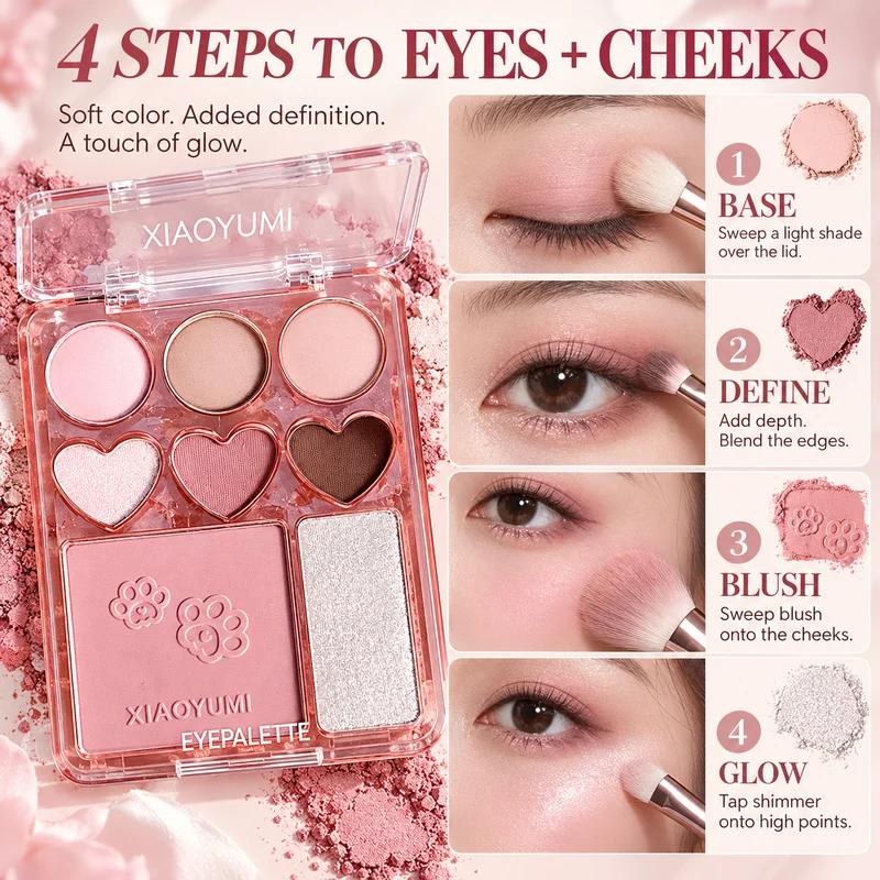 XIAOYUMI 8 Colors Eyeshadow Blush Palette 6 Eye Shades 2 Cheek Shades Matte Shimmer Highlighter Pink Peach Coral Nude Makeup Kit gallery 5