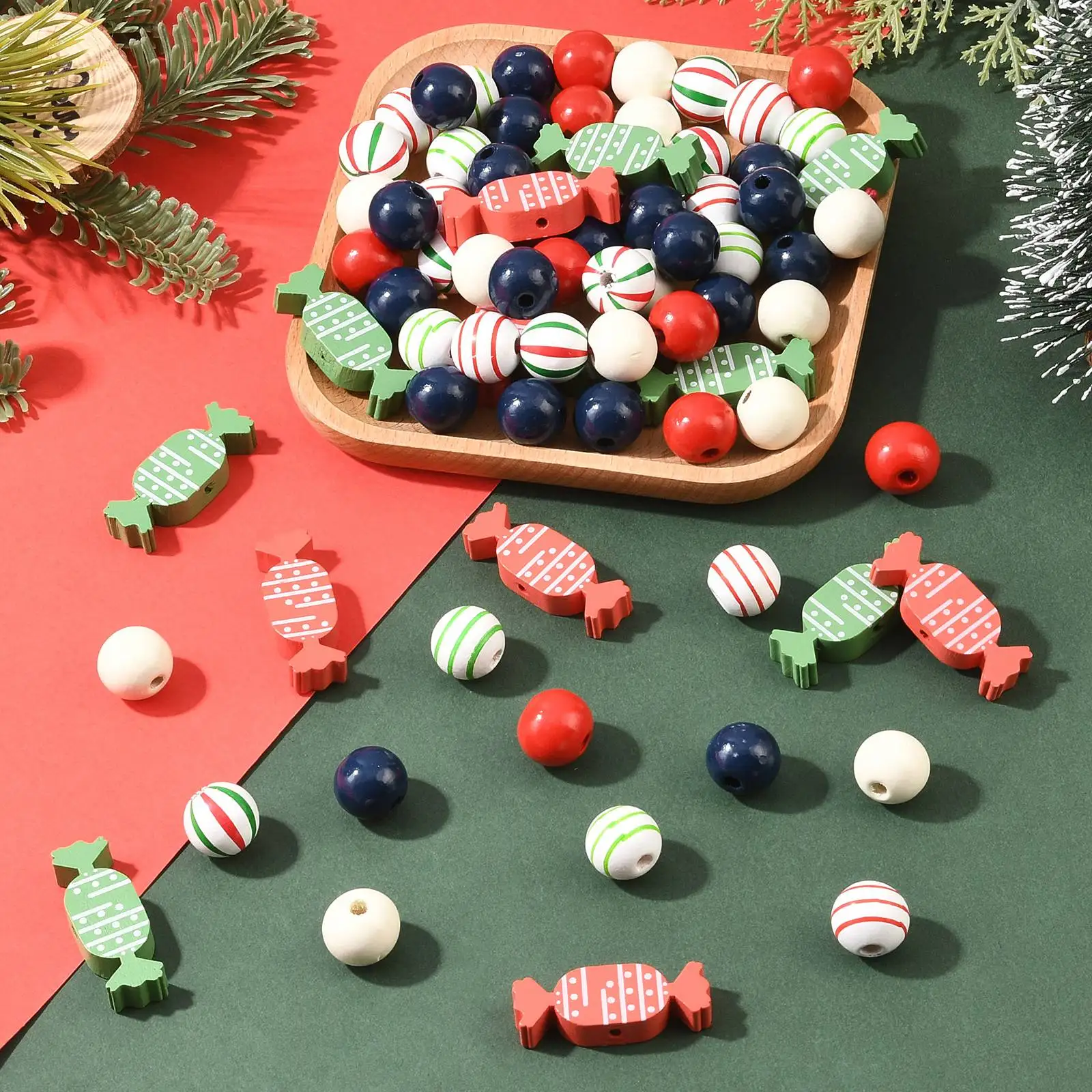 PandaHall 100 Stück Zufällige Weihnachts-Holzperlen-Sets, 16mm, Bemalt, für DIY-Schmuck, Weihnachts- und Feiertagsdekorationen – Detail 3