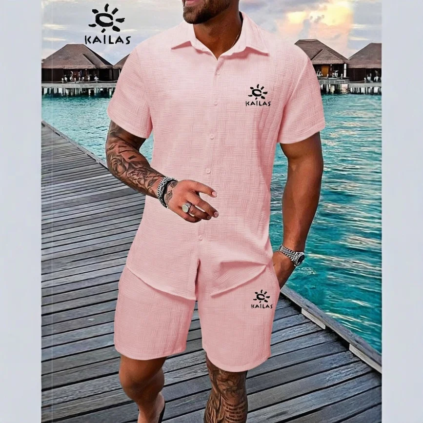 

Summer jacquard soft and comfortable solid color set short sleeved men's vacation casual style shirt shorts two-piece set