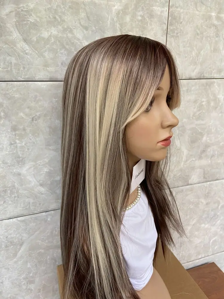 Long Straight Blonde Mix Brown Synthetic Human Hair Blend Heat Ok Wig