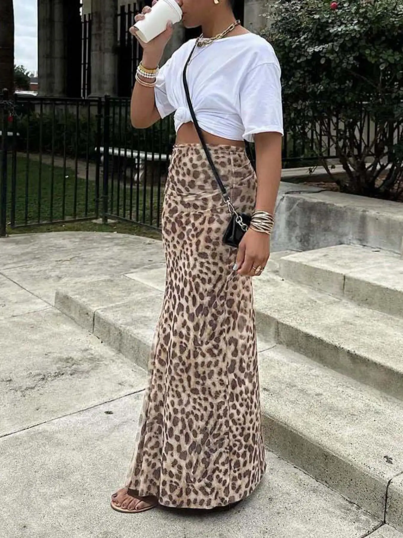 Women's High Waisted Leopard Print Mesh Skirt, LongPlain H-Type Slim-Fitting A-Line Split Design, VersatileFashion Bottoms