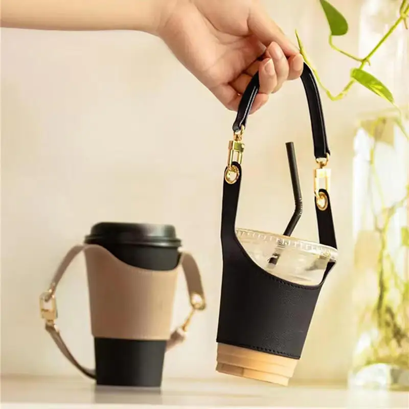 Custodia per coperchio per tazza in pelle Borsa per bottiglia d'acqua portatile Tracolla per il trasporto Tazze isolanti Accessori per tè al latte e caffè