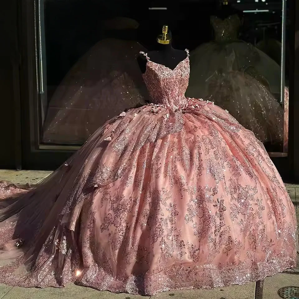 

Розовые платья Quinceanera, бальное платье на тонких бретельках, милые платья 16, 15 лет, мексиканские платья по индивидуальному заказу