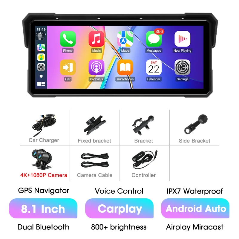 8,1 inch motorfiets waterdichte draadloze Carplay Android Auto 4K 1080P dubbele camera draagbare navigatie GPS-scherm Dual BT - afbeelding 1