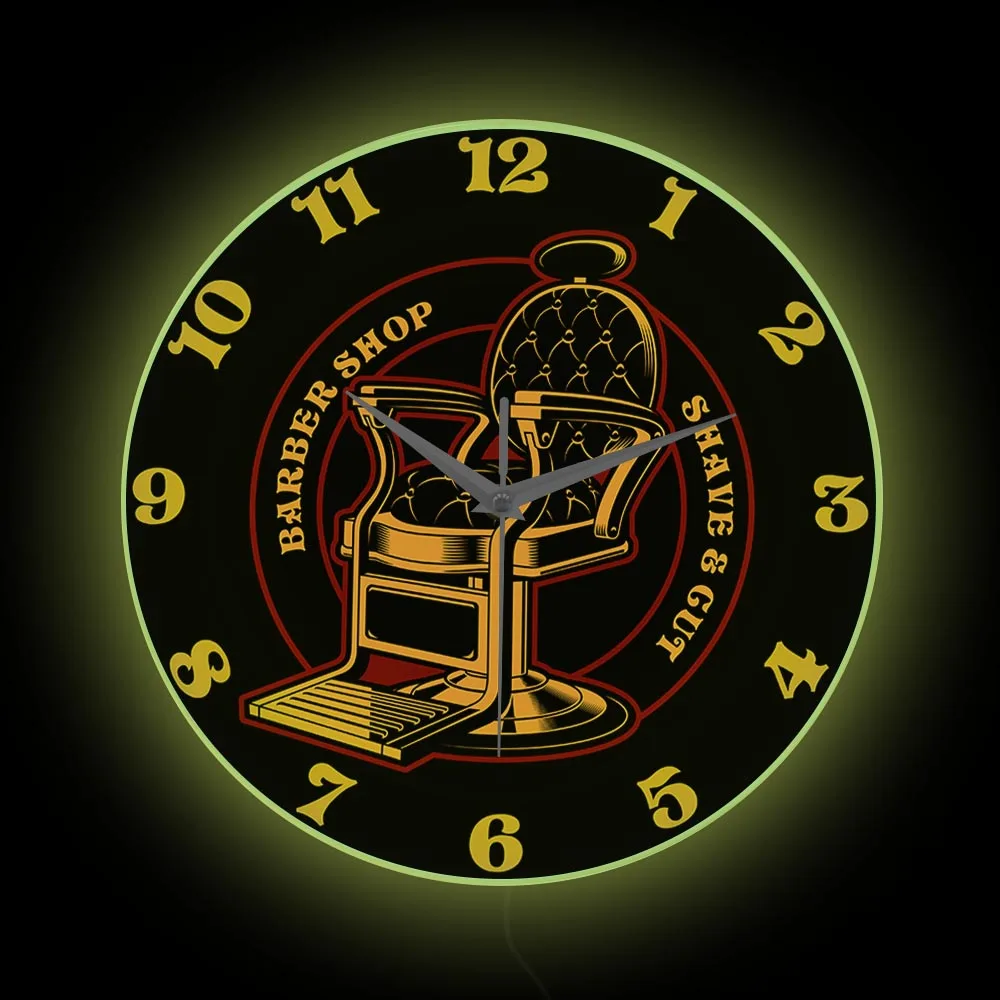 Shave & Cut Retro Baber Chair Printed Wall Clock For Barber Shop Professional Display Sign Hair Salon LED Neon Light Wall Clock