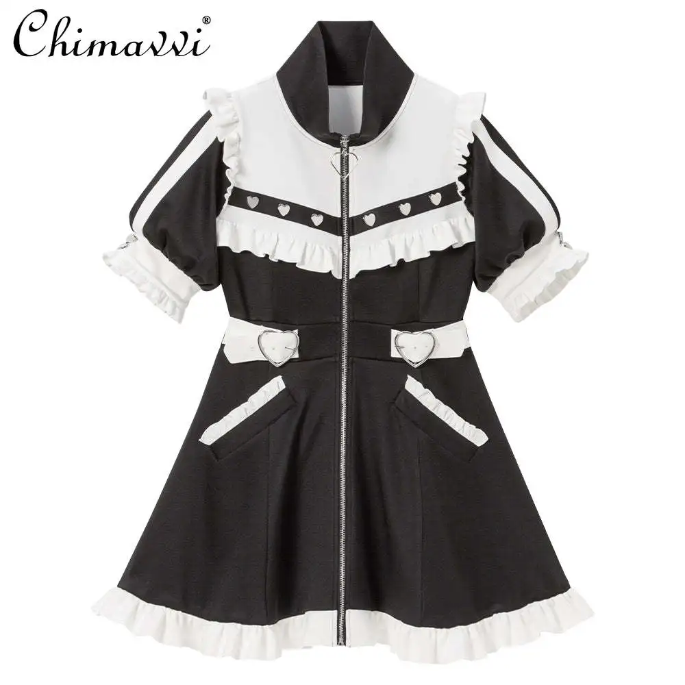 Japanese Sweet Lolita Summer Dress Women Cute Girls Hearts Zipped Stand Collar Short Sleeve Ruffled High Waist Slim Y2K Dresses