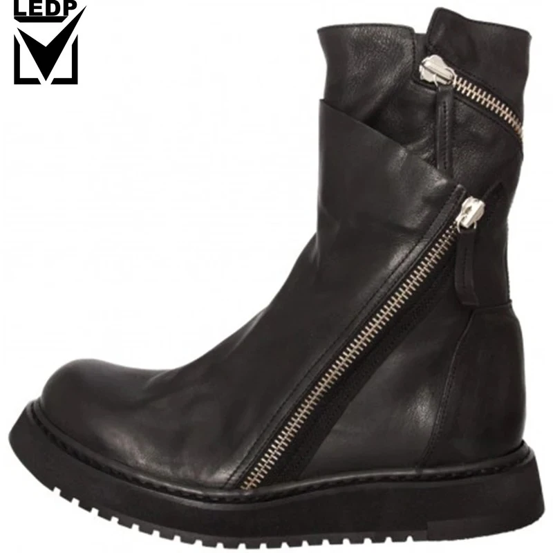 

Italian New Designer Men Zipper Punk Genuine Leather Boots Fashion Thick Platform Ankle Botas Motorcycle Biker High Top Shoes