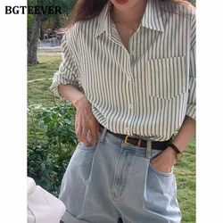 BGTEEVER Stylish Lapel Female Striped Blouses Tops Casual Loose Single-breasted Full Sleeve Women Shirts Autumn Ladies Blusas