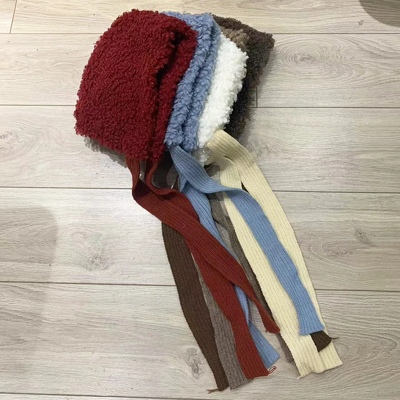 Cappelli invernali da donna in lana di agnello con lacci caldi berretti in pile giapponesi protezione per le orecchie femminile cravatta pullover Gorro Bonnet Y2k cappello bomber carino